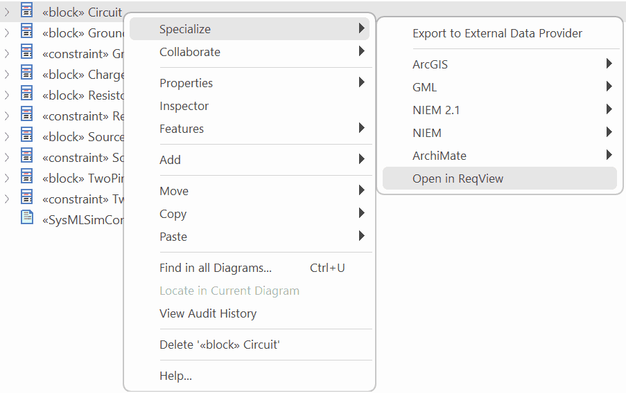 ReqView Enterprise Architect Add-In context menu ReqView Enterprise Architect Add-In context menu