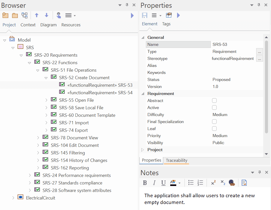 Detailed view of an EA model element exported from a functional requirement in ReqView Detailed view of an EA model element exported from a functional requirement in ReqView