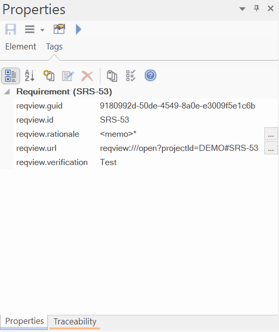 List of tagged values of an EA model element exported from a functional requirement in ReqView List of tagged values of an EA model element exported from a functional requirement in ReqView