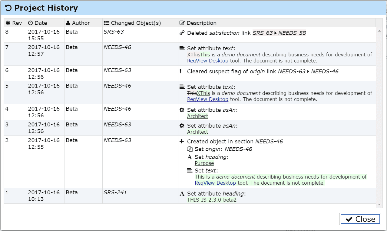 Project History dialog