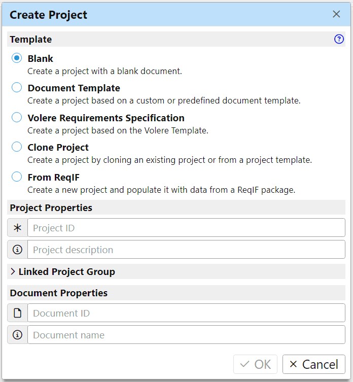 Create Project dialog in ReqView