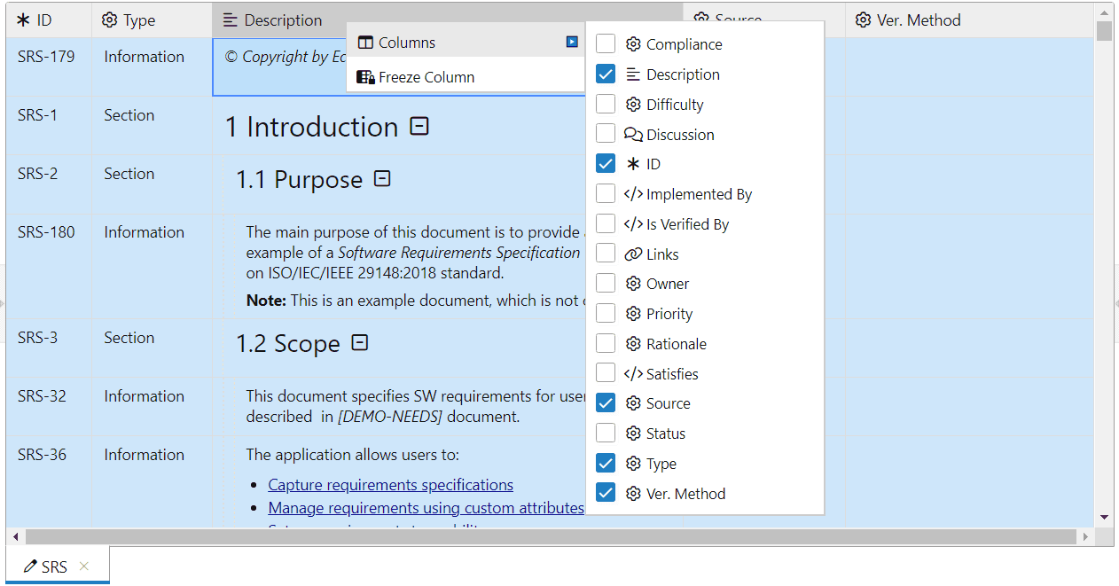 Select displayed columns in ReqView using the new grid