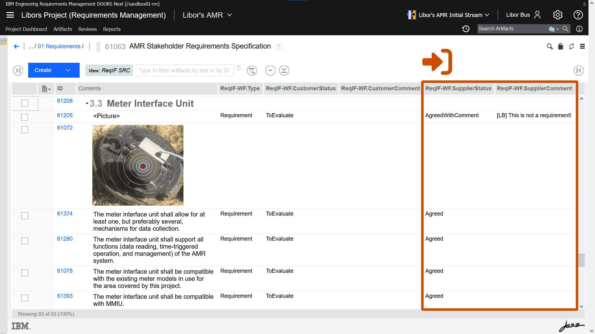 ReqIF SRC workflow - customer imports reviewed stakeholder requirements specification in IBM DOORS Next Generation (DNG)