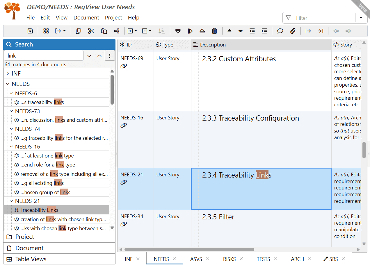 Search text in ReqView Search text in ReqView