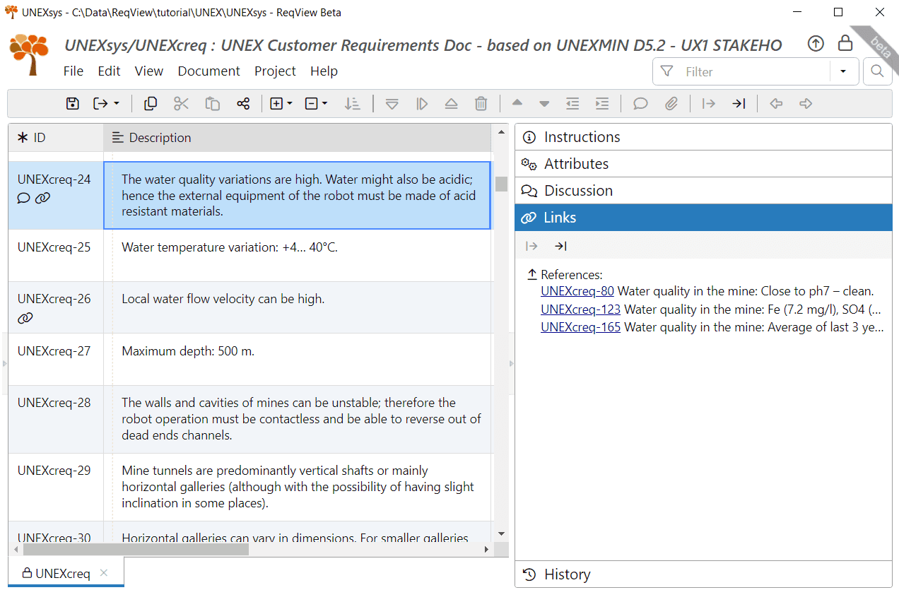 Links pane showing links for stakeholder requirement UNEXcreq-24 in ReqView