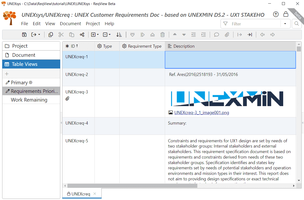 Requirements Prioritization table view in ReqView