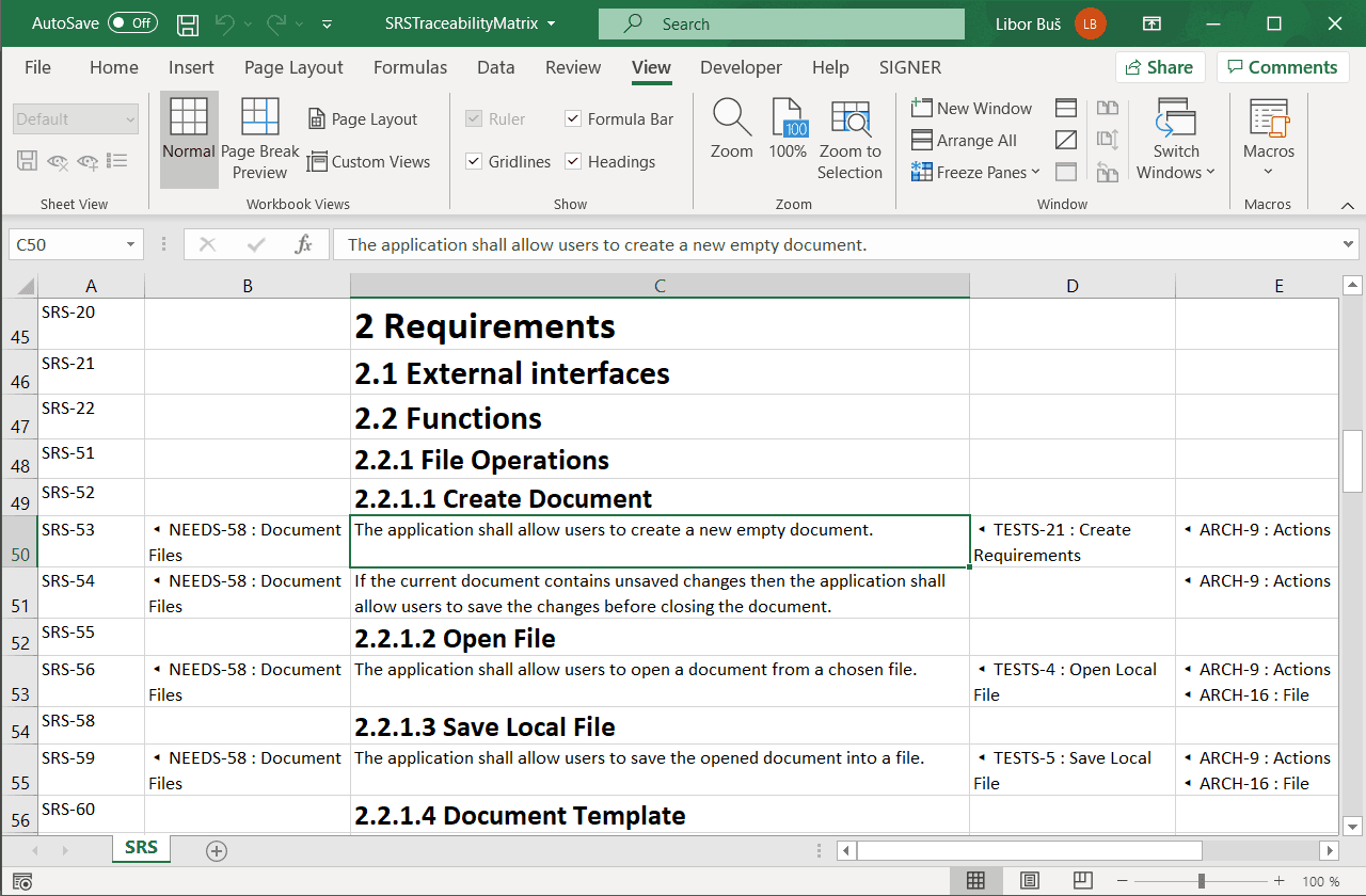 software requirements template excel