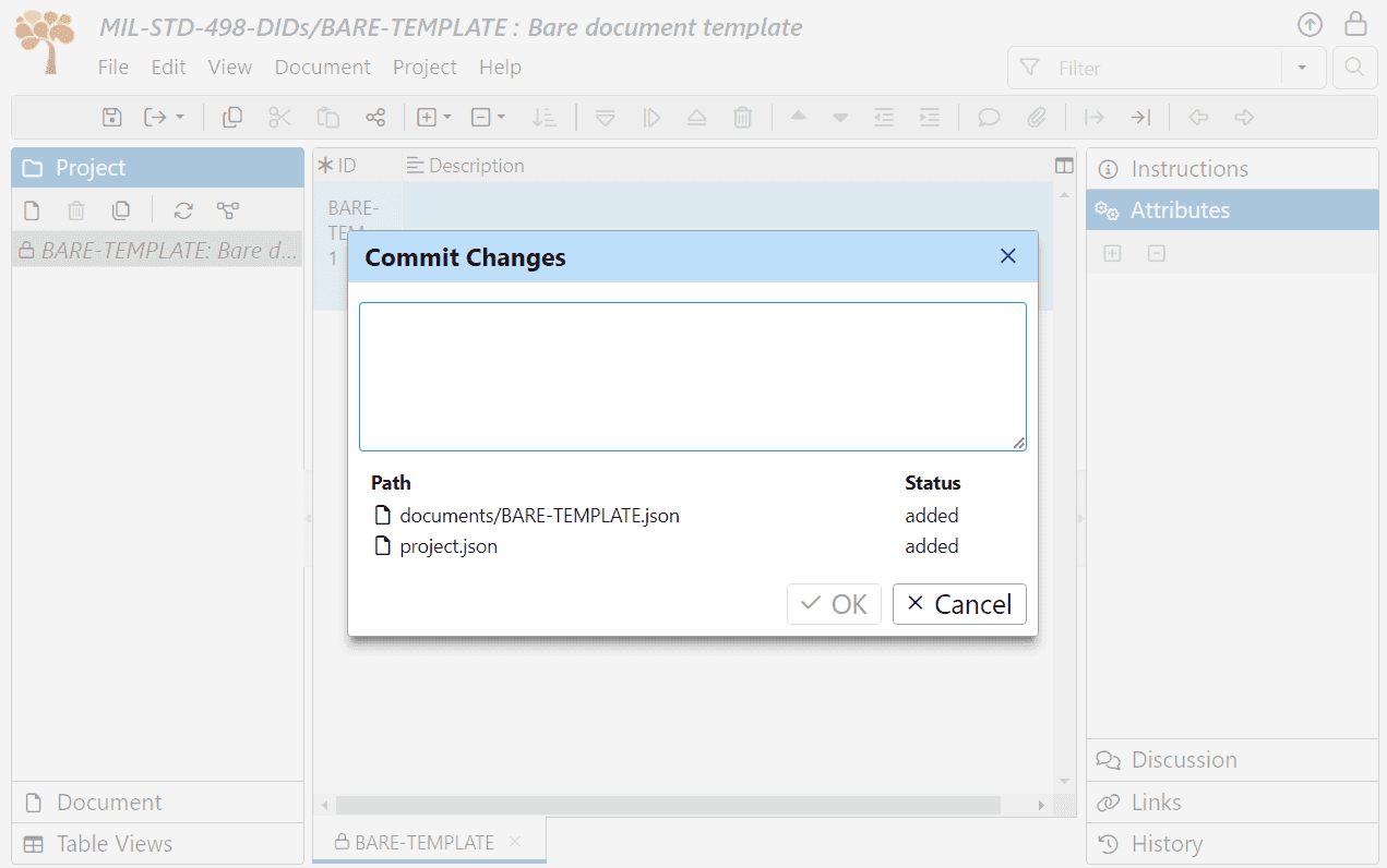 Commit changes to Git dialog in ReqView