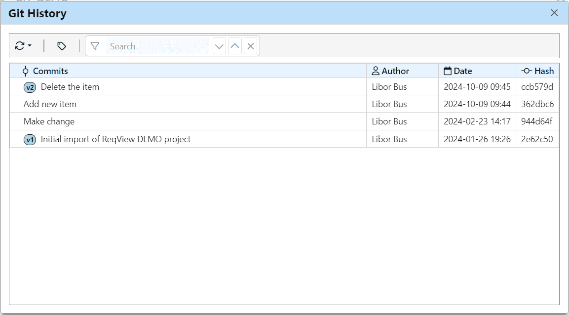 Browse history ReqView project in Git using Git History dialog in ReqView