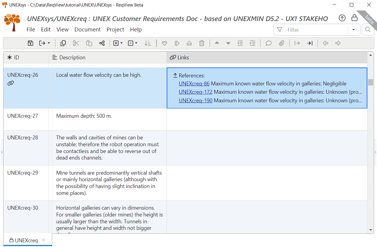 Links column displaying traceability links for the stakeholder requirement UNEXcreq-26 in ReqView