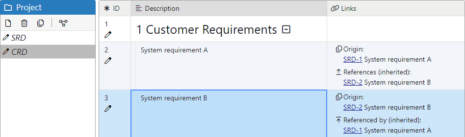 Customer requirements document with inherited traceability links