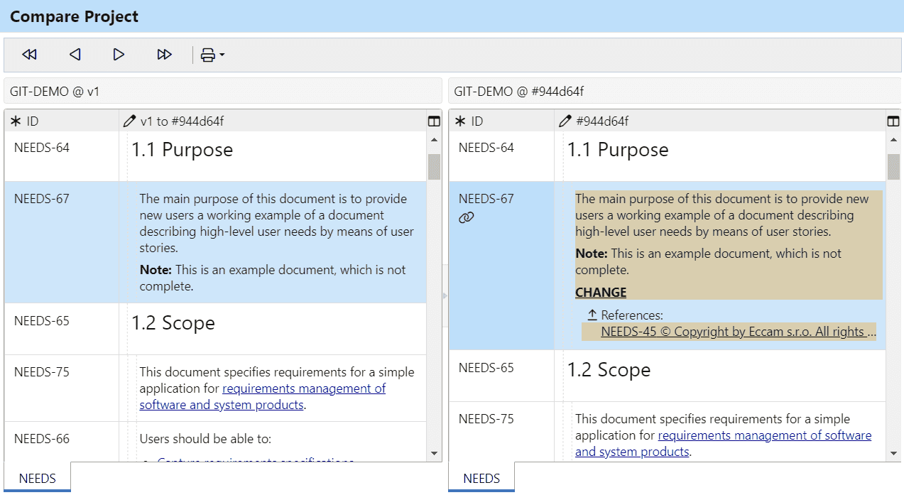 Compare two Git commits and changes of a requirements project in ReqView