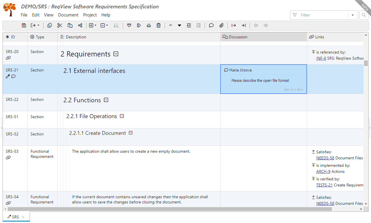 Requirements document table view in ReqView