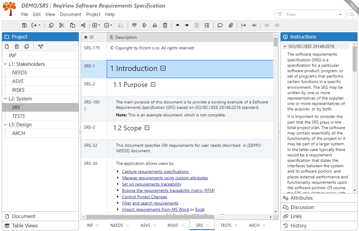 Requirements projects workspace in ReqView