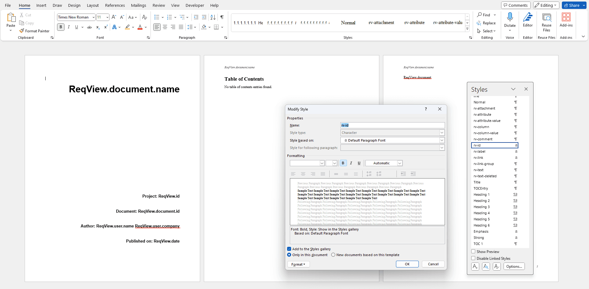 Customize Word styles in the default DOCX template for export from ReqView