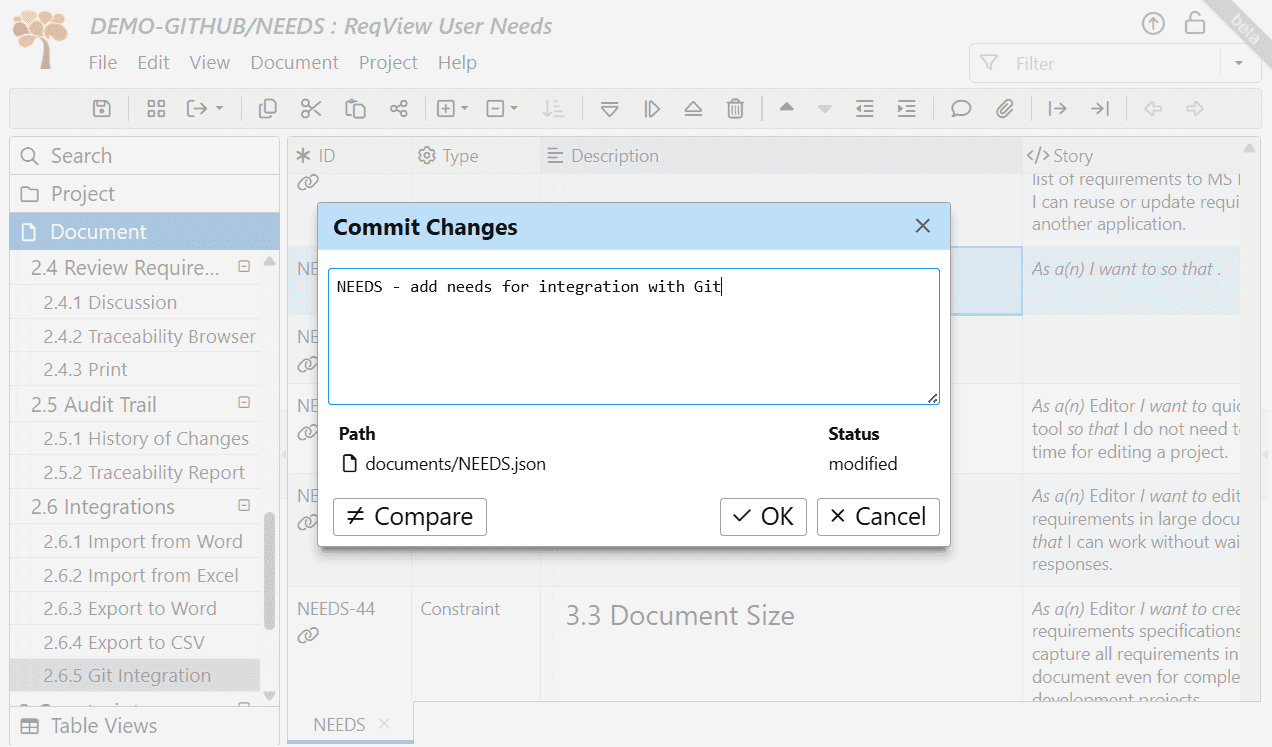 Commit a changed ReqView project to the Git repository Commit a changed ReqView project to the Git repository