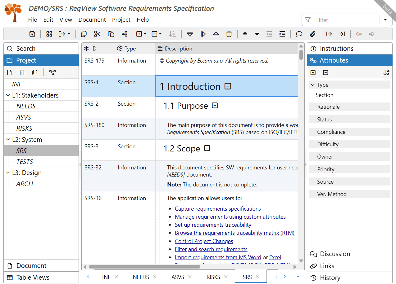 Requirements projects workspace in ReqView Requirements projects workspace in ReqView