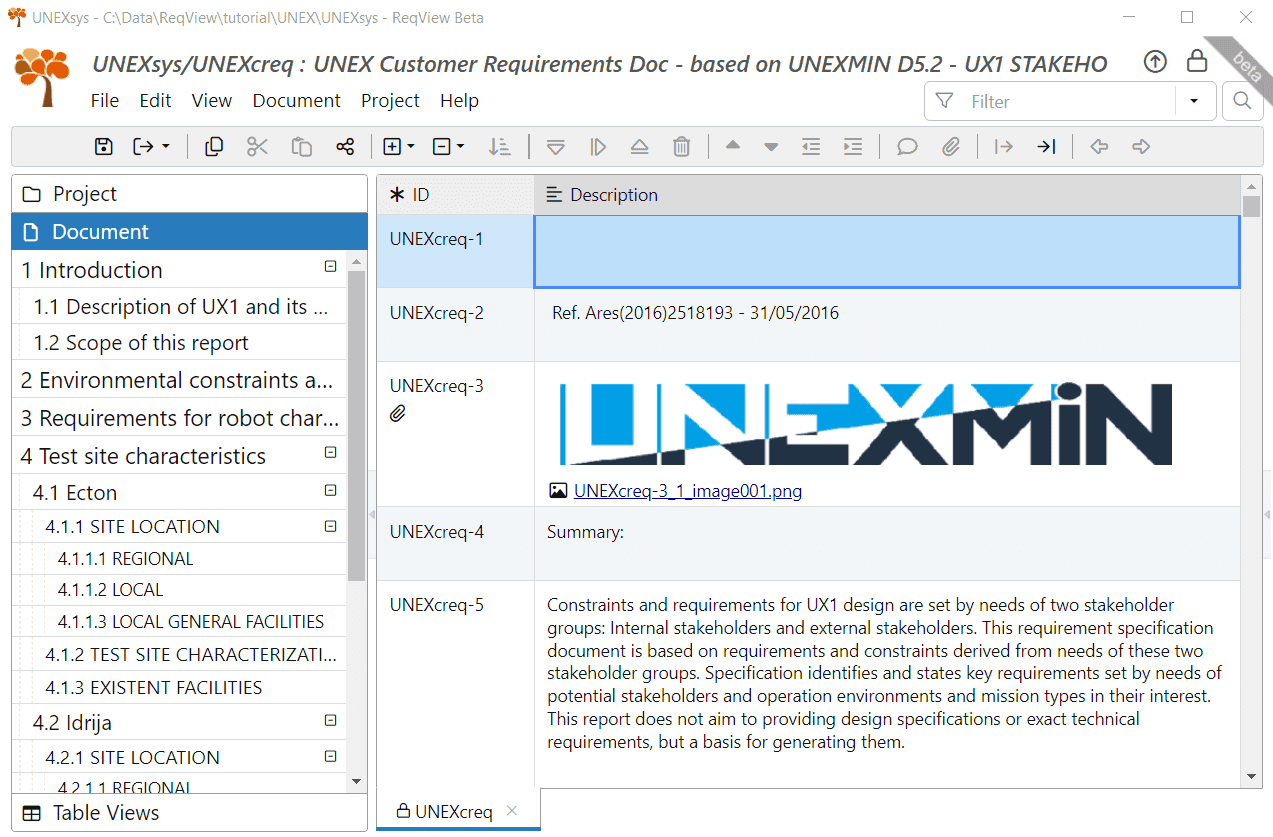 UNEX Stakeholder Requirements imported to in ReqView