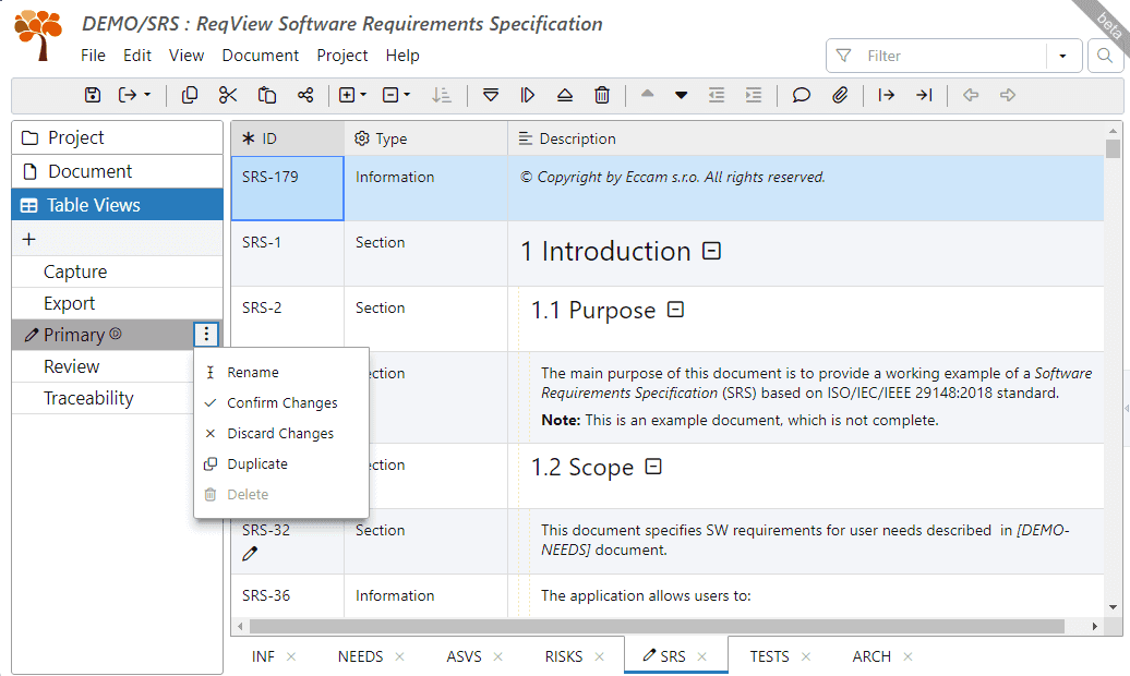 Reuse table views in requirements documents in ReqView