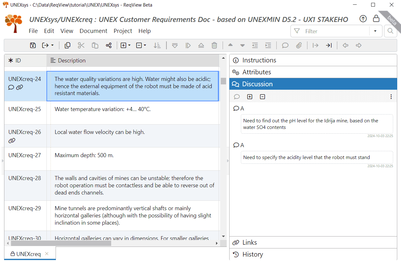 Discussion pane displaying comments for the stakeholder requirement UNEXcreq-24 in ReqView