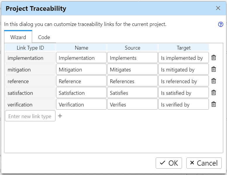 Project Traceability dialog in ReqView