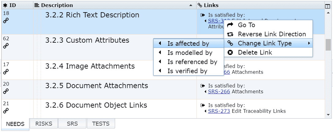 Edit requirements traceability links