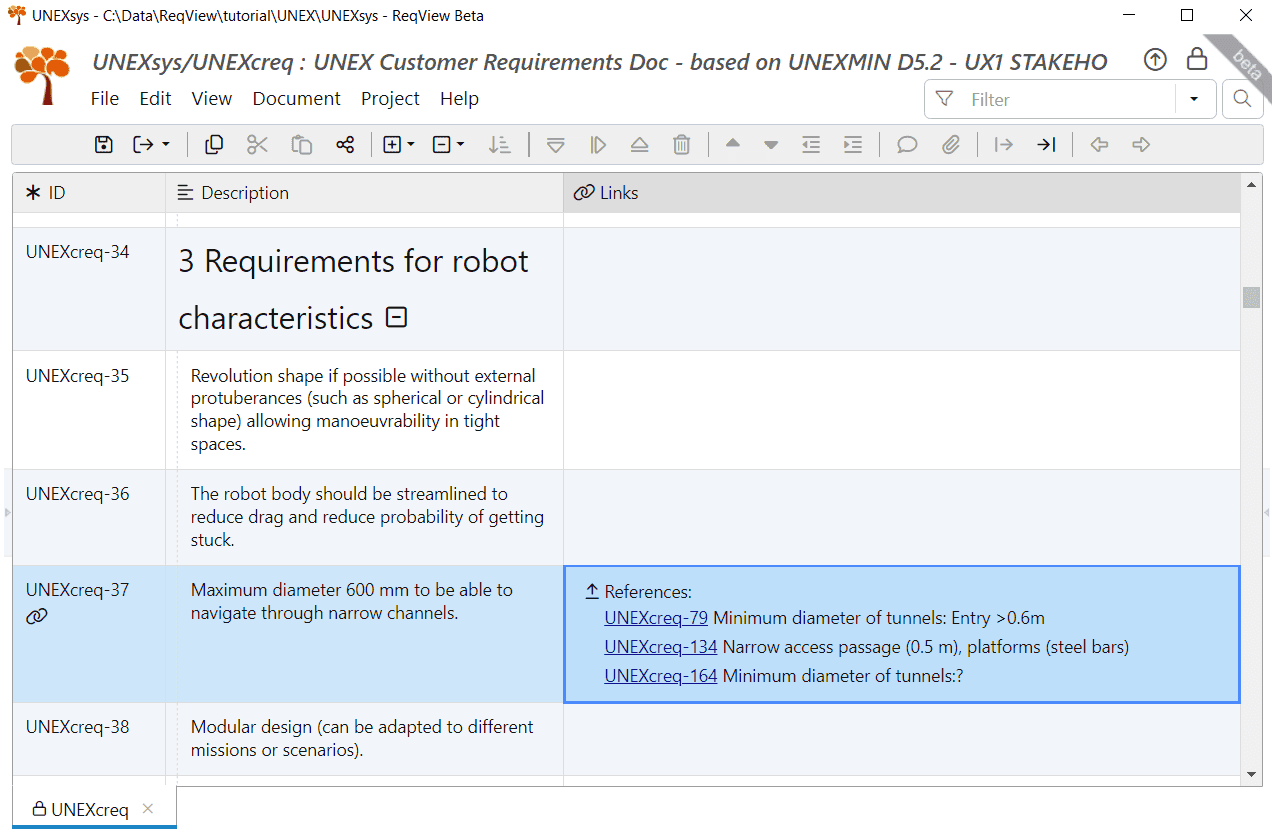 Links column displaying traceability links for the stakeholder requirement UNEXcreq-37 in ReqView