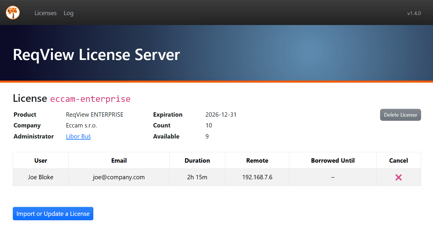 ReqView Floating License Server web page displaying connected clients ReqView Floating License Server web page displaying connected clients
